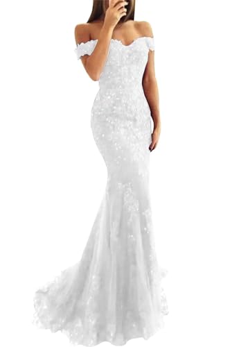 Long Mermaid Off The Shoulder Prom Dresses for Women Beaded Laces Appliques Bridesmaid Dress for for Wedding White