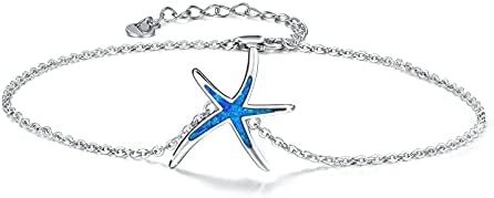 Starfish Ankle Bracelets Adjustable 925 Sterling Silver with Blue Fire Opal Foot Bracelets Beach Nautical Ocean Charm Jewelry Birthday Mother Day Gift for Women Girlfriend Daughter