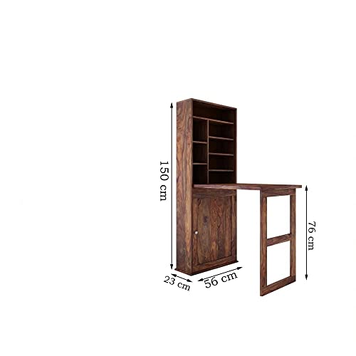 Image of Royal Wood Sheesham Solid Wood Wall Mounted Foldable Study Table with Storage Racks for Adults & Students for Home & Office - Natural Finish