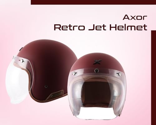 Image of Axor Retro Jet Leather ISI and DOT Certified Matte Finish Open Face Helmet for Men and Women with Clear Visor- Dull Chestnut Red -L