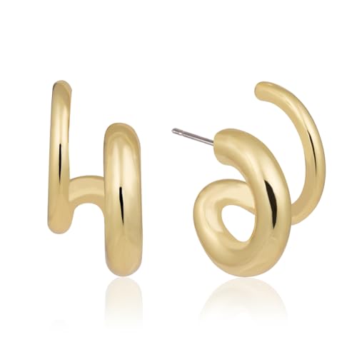 Image of Obidos 14K Gold Plated Illusion Stud Earrings for Women | Triple Huggie Hoop Earrings for One Hole| Trendy Simple Hypoallergenic Fashion Accessories Gold Jewelry Gifts for Womens