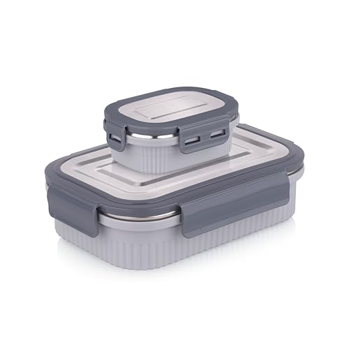Image of ATTRO Micro Smart Stainless Steel Lunch Box with Inner Steel Body, Microwave Safe Without Lid, Airtight Leakproof with Small Container for Office, School Kids & Outdoor Use - 800ml+180ml-Grey