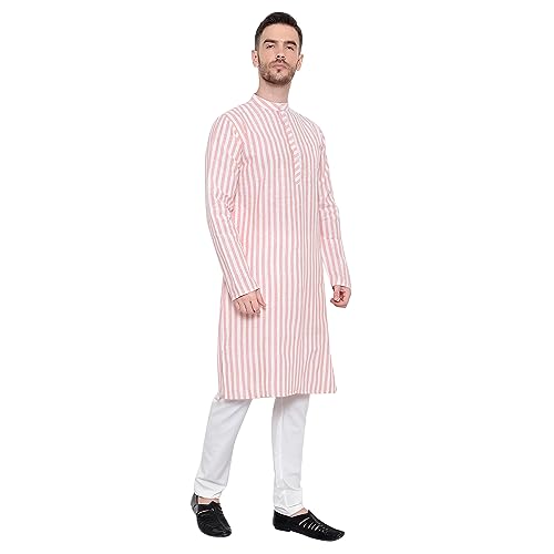 Image of LATEST CHIKAN Broad Striped Cotton Men's Long Kurtas