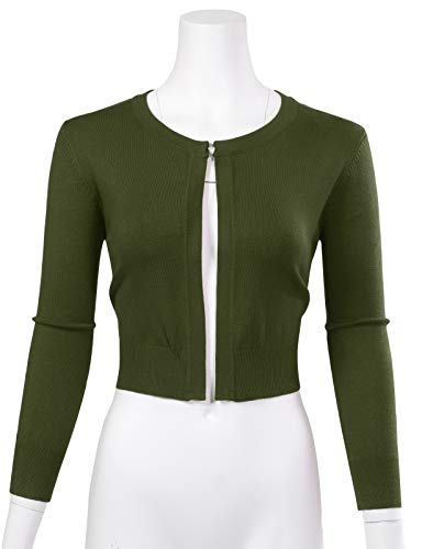 Women's 3/4 Sleeve Classic Open Front Bolero Cardigan Sweater With Hook And Eye L Olive #TOP2