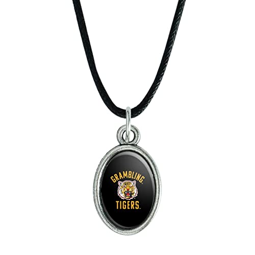 Grambling State University Tigers Logo Antiqued Oval Charm Pendant with Black Satin Cord