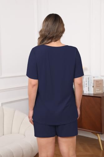 Image of Womens Plus Size Pajama Sets 2 Piece Summer Outfits Short Sleeve Tops Shorts with Pockets for Lounge Sleepwear