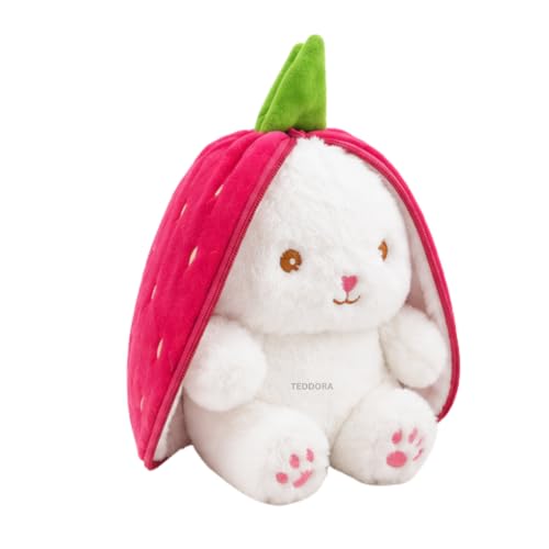 Image of Rabbit with Chain Reversible Strawberry Bunny Pink Soft Toy for Girls Boys Kids, Zipper Animal Stuffed Baby Teddy Gift Birthday, 25 cm