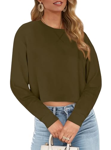 JINKESI Womens Long Sleeve Crewneck Cropped Sweatshirt Soft Loose Pullover Tops Fall Outfits Army Green-L