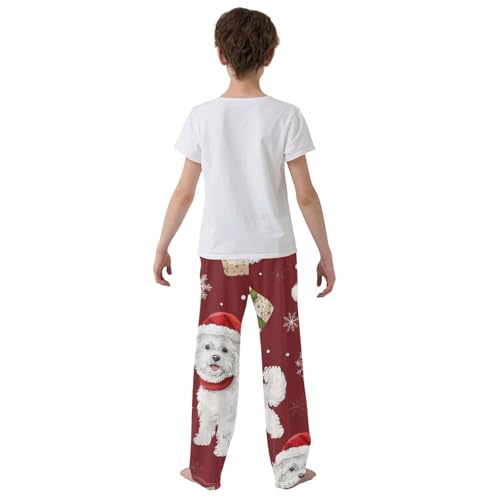 Christmas Bichon Snowflake Boys Long Pants Soft Trousers Elastic Waist Kids Lounge Bottoms with Pockets S-XL3