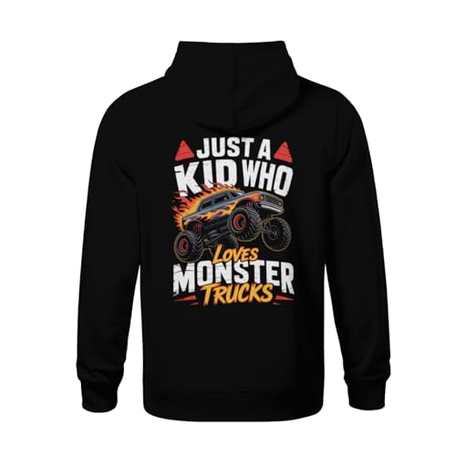 Kids Just a Kid Who Loves Monster Trucks Boys Girls Lightweight Kangaroo Pocket Fleece Hoodies3