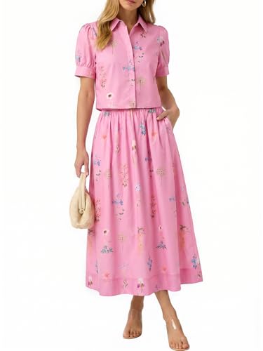 Tankaneo Womens Floral 2 Piece Skirt Set Summer Puff Sleeve Crop Blouse and Maxi Dress Outfits Matching Vacation Outfits Pink