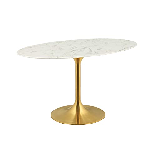 Image of Modway Lippa 54 inch Oval-Shaped Mid-Century Modern Dining Table with Artificial Marble Top and Gold Base