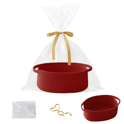 Image of Red Woven Rope Basket - Baby Gift Basket with Bag & Ribbon
