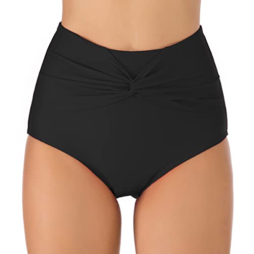 Image of Joweechy Womens High Waisted Bikini Bottoms Vintage Twist Tummy Control Swim Shorts Swimming Briefs Swimwear Black L