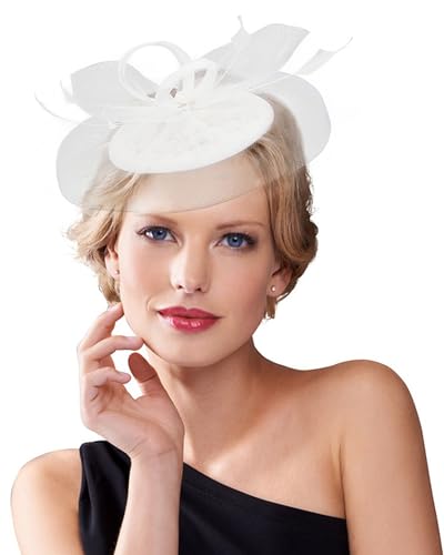 Dodheah Fascinators Hut Hochzeitshut Kopfbedeckung Vintage Schleier Hut Derbyhut für Frauen Pillbox Hüte Stirnband Damen Haarspangen für Hochzeit Ascot Karneval Tee Party 0815-Weiß