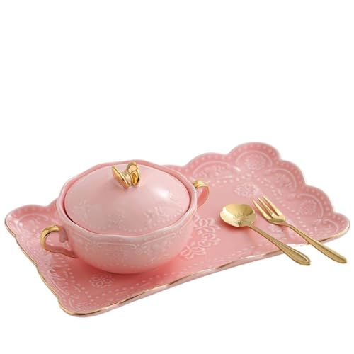 Tazón de sopa,tazón de cereales,Juego de taza y platillo de té,Tazas de cerámica,Tazón binaural de flor en relieve de cerámica con mariposa dorada con tapa Tazón de jarabe de postre Taza de sopa de le