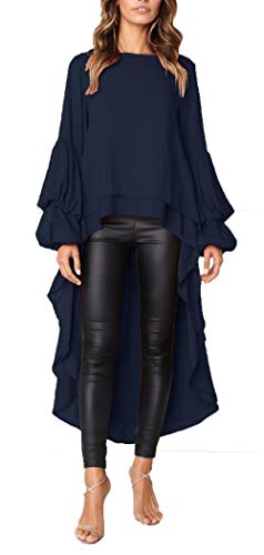 PRETTYGARDEN Women's Lantern Long Sleeve Round Neck High Low Asymmetrical Irregular Hem Casual Tops Blouse Shirt Dress (Navy, Large)
