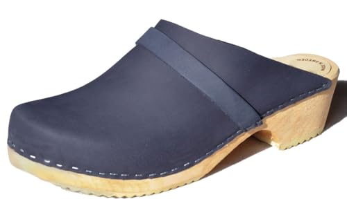 Sabots nubuck bleu et semelle bois de hêtre contre la fatigue