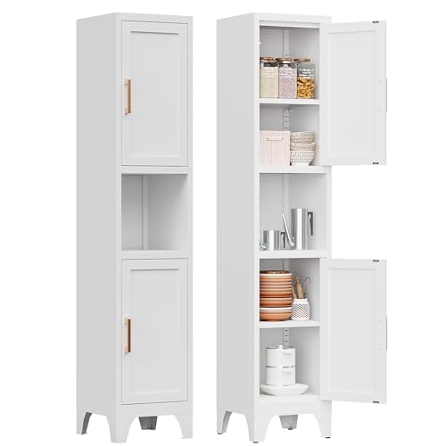 Image of Firstsky 67" H White Metal Narrow Pantry Cabinet with 2 Doors and 2 Adjustable Shelves, 5 Tier Small Thin Storage Cabinet with Legs and Gold Handle for Kitchen,Home Office,Bath,Laundry,Easy Assembly