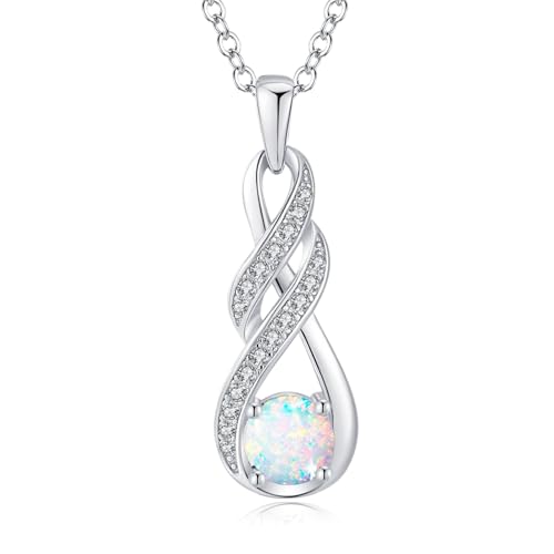 LOCIBLO October Birthstone Necklaces for Women 925 Sterling Silver Infinity Pendant White Gold Created Opal Necklace Jewellery for Her 16+2