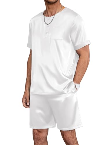 Image of Ekouaer Mens Pajamas Set Silk Satin Pjs Sets Summer Short Sleeve Button Down Sleepwear 2 Piece Loungewear with Pockets