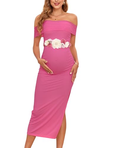 Image of AISWI Maternity Bodycon Maxi Dress Spaghetti Strap Ribbed Pregnancy Sundress with Side Slits for Baby Shower Casual