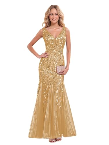Mermaid Evening Gown for Women Sequin Mother of The Bride Dresses V Neck Sparkly Prom Dress Long
