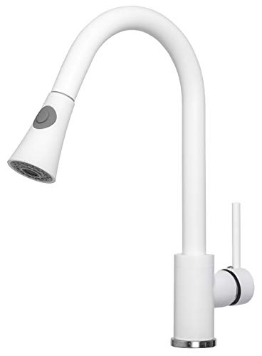 Robinet Cuisine Blanc, Mitigeur Cuisine avec Douchette Extractible, Monocommande, Robinet d'évier Cuisine Rotatif à 360°, Robinet de Primagran