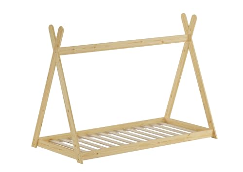 Erst-Holz®Niedriges Tipi-Kinderbett, Holzbett 90x200 Kiefer Natur lackiert, Zubehör wählbar V-60.27-09Rollrost inkl.