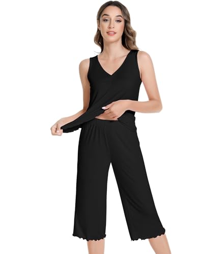 Image of NACHILA Women's Pajamas-Viscose made from Bamboo, V Neck Pjs Top with Capri Pants Pajama Set Sleeveless Sleepwear