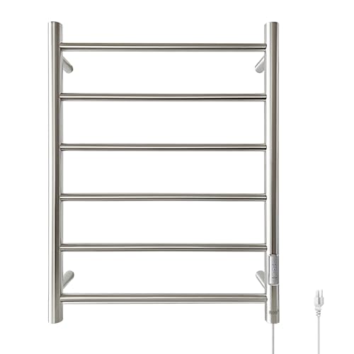 R FLORY Towel Warmer Rack for Bathroom Wall Mounted Heated Towel Warmers Dryer Plug-in/Hardwired Stainless Steel Electric Towel Warmer, 6 bar Brushed Nickel
