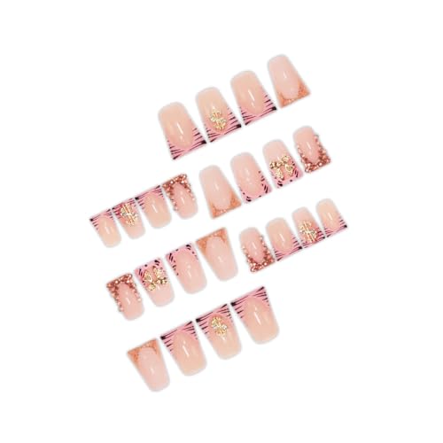 Image of Bow Press on Nails French Tip Fake Nails Pink Glue on Nail with Charms Design Rhinestone False Nail Glossy Full Cover Artificial Acrylic Stick on Nails for Women Girls Manicure 24Pcs