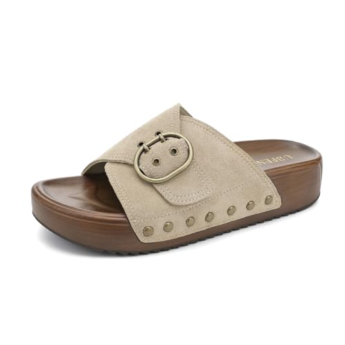 Image of UBFEN Womens Platform Slide Sandals | Real Leather,Buckle Sandals with Cushioned Flatform Footbed,Comfortable for Walking,Arch Support,Casual Styling