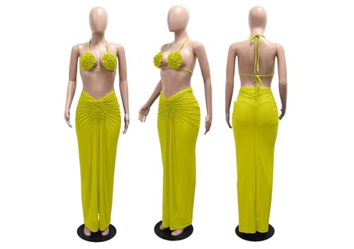 LROSEY Women’s Sexy 3 Piece Swimsuits Beach Cover Up 3D Flower Trim Bikini Top and Thong Sets with Sheer Sarong Maxi Skirts3