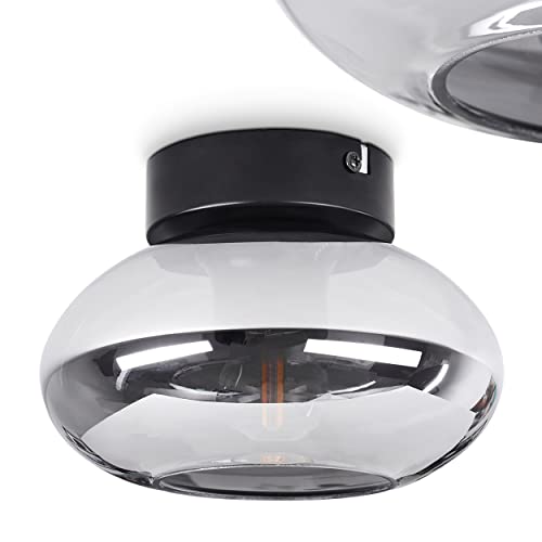 Ceiling lamp Haikala, Modern Ceiling lamp Made of Metal/Glass in Black/Smoke, Round lamp with lampshade Made of Real Glass, Ø 17.5 cm, 1 x E27, Without Bulbs