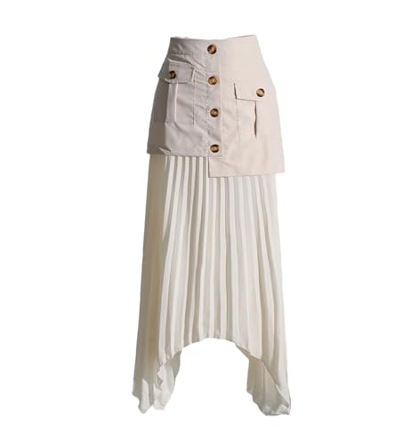 Women's Vintage Maxi Skirt Patchwork Irregular Pockets Zipper Buttons High Waist Party Skirts