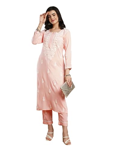 Image of BHARVITA Women's Cotton Blend Lucknowi Embroidered Chikankari Straight Kurta, with Pant Set