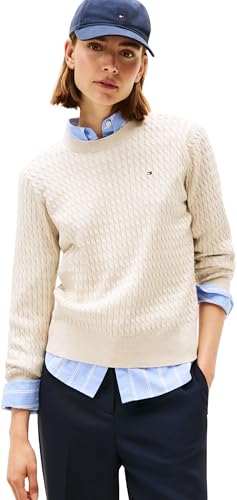 Tommy Hilfiger Damen Pullover Cable Fine Zopfstrick, Beige (Htr Oatmeal Gs Tipping), XL – Ansicht 1
