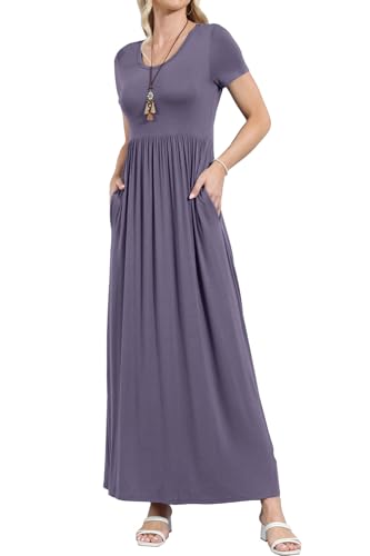 Image of EUOVMY Women's Short Sleeve Loose Plain Maxi Dresses Casual Vacation Long Dresses with Pockets