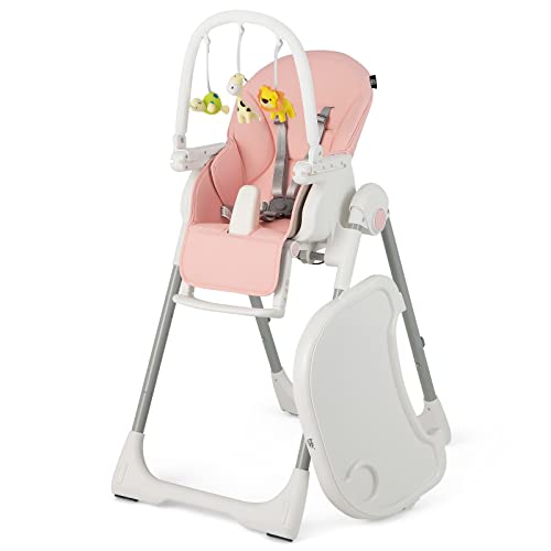 Image of BABY JOY Baby High Chair, Foldable Highchair with 7 Heights, 4 Reclining Angles, Adjustable Footrest, Removable Double Tray, PU Cushion & Lockable Wheels for Babies Toddlers, 6-36 Months (Pink)