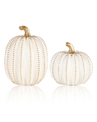 GoGnome Set of 2 White & Gold Decorative Pumpkins Resin Fall Harvest Table Centerpiece Elegant Autumn Dcor for Thanksgiving Decoration Farmhouse Home (White)