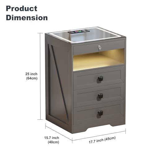Lvifur LED Nightstand with 3 Drawers, Glass Top Bedside Table with Wireless Charging Station, Modern Night Stand with Auto Sensor, Bedroom Smart End Table (Grey)