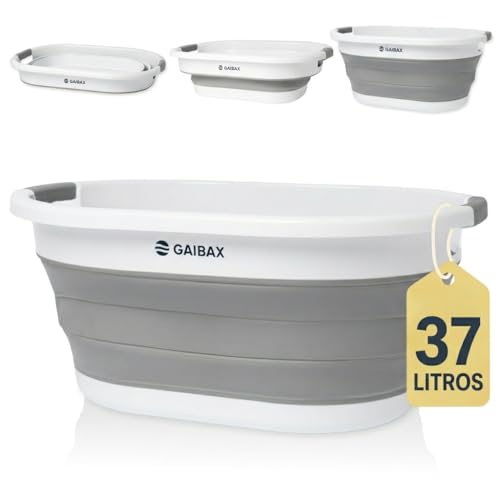 Cesto Ropa Plegable de Colada | Barreño Plegable | Gran Capacidad 37L | Cesta Multiuso para Colada y Almacenaje | Diseño Compacto Ahorra Espacio en Hogar y Camping (Blanco/Gris, 37L)