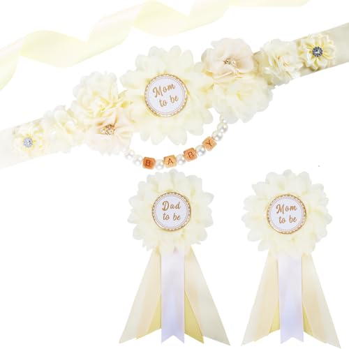 Image of Ivory Cream Baby Shower Sash and Pins Set - Cream White Flower Baby Shower Belly Belt and Mom to Be & Dad to Be Corsage Pins, New Parents Pregnancy Photo Props Party Supplies