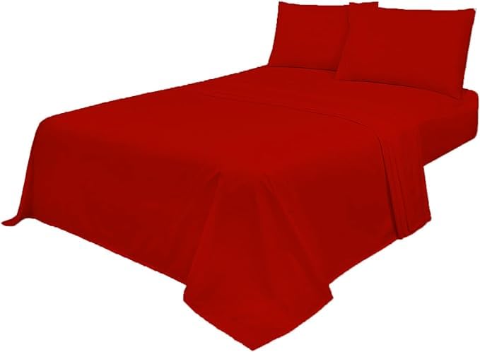 VL Easy Care 4-Piece Bed Sheet Set, Fitted Sheet, Flat Sheet, 2 Pillowcases, Poly Cotton Percale (Red, Single)