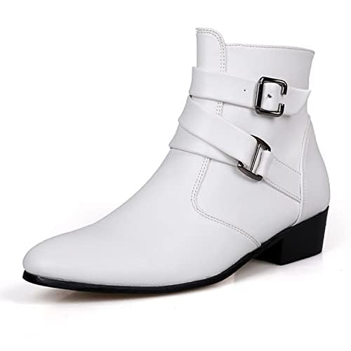 PURCHAWEE Men's Leather Pointed Toe Chelsea Boots,Buckle Straps Side Zipper Chunky Low Heel Western Formal Dress Boots Ankle Boots2
