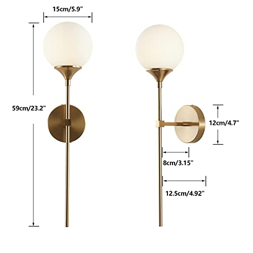 Kco Lighting Modern Milk Glass Wall Mounted Light Gold Long Sconces Wall Lighting Globe Ball Round Wall Lamp Bathroom Bar Stairway Wall Light Fixture Brushed Brass Wall Sconce (White) #TOP1