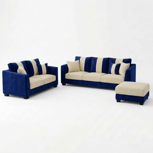 Image of Revo Plush Comfort Sofa Set | 3 Seater + 2 Seater with Ottoman | Luxury Velvet Suede Fabric | Modern Living Room Sofa | Dark Blue - Cream