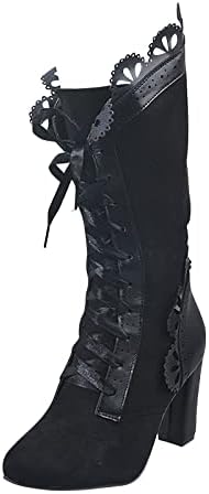 Yck-SAiWed My Orders Placed Recently By Me My Account 2023 Chunky Heel Boots for Women Vintage Medieval Victorian Boots Fall Winter Lace Up Mid Calf Boots Goth Steampunk Halloween Cosplay Costume