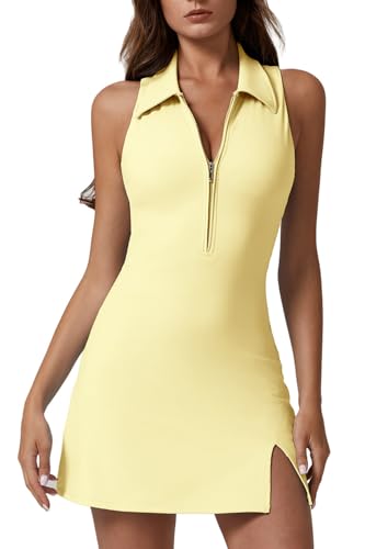 Image of QINSEN Womens Zip Front Tennis Dress Polo Collar Racer Back Workout Golf Dresses Build in Shorts with Pockets